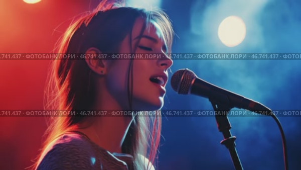 Young sensual female singer performs song on stage in red blue light. Стоковое AI-видео, аниматор Елена Никишина / Фотобанк Лори