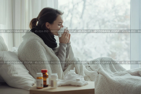 Young sick woman with cold or flue sitting on grey couch, holding a tissue to clear, blowing runny nose. Sneezing Girl under gray plaid blanket with handkerchief to dripping nose, blowing snot at home. Стоковое AI-изображение, AI-художник Марина Демидюк / Фотобанк Лори