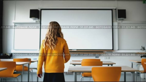 Young student in bright orange sweater walking near whiteboard in vacant classroom, pivoting and explaining academic subject with expressive hand gestures. Стоковое AI-видео, аниматор Юрий Поздников / Фотобанк Лори
