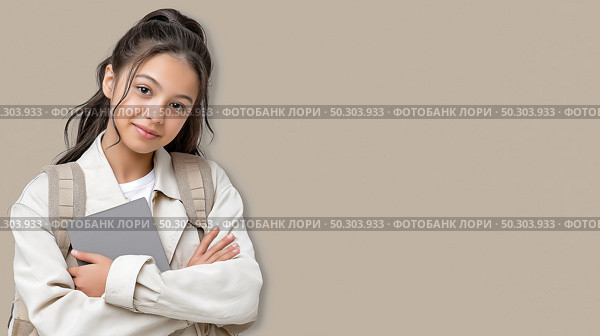 Young student poses confidently with a tablet in a neutral setting. студентка, ученица, школьница уверенно позирует с планшетом в нейтральной обстановке. Стоковое AI-изображение, AI-художник Katsiaryna Repich / Фотобанк Лори