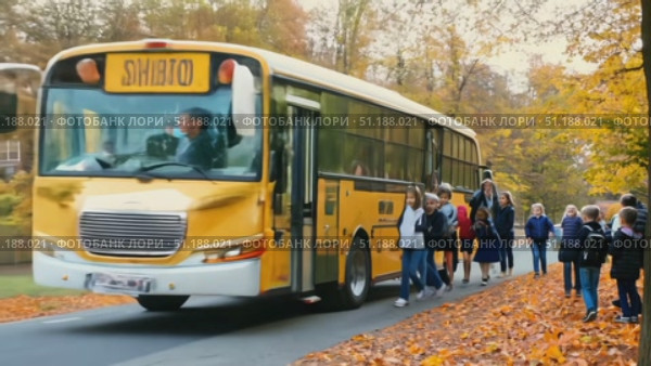 Young students stroll homeward as a bright yellow school bus stops on a scenic road surrounded by vibrant fall foliage. Стоковое AI-видео, аниматор Данила Большаков / Фотобанк Лори