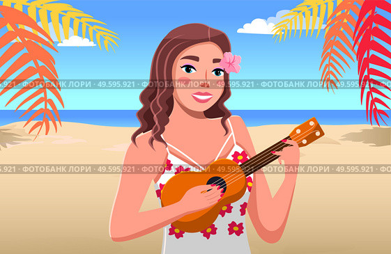 Young tanned girl plays ukulele. Sea background, sand, palm trees, ocean, clear sky. Tropical flower decoration. Traveling and tourism. Hot exotic country. Hawaiian songs and dances. Flat illustration. Young tanned girl plays the guitar. Sea, sand and sky background. Travel to tropical country. Стоковая иллюстрация, агентство Ingram Publishing / Фотобанк Лори