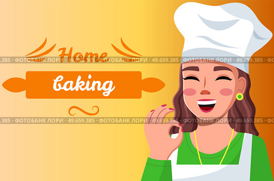 Young woman baking fresh sourdough bread. Girl for serving homemade bakery design template. Hand drawn lettering for bakery logo label. Idea for poster, postcard about cooking pastries, baking. Idea for poster with hand drawn lettering for cooking pastries, home baking with young woman baker. Стоковая иллюстрация, агентство Ingram Publishing / Фотобанк Лори