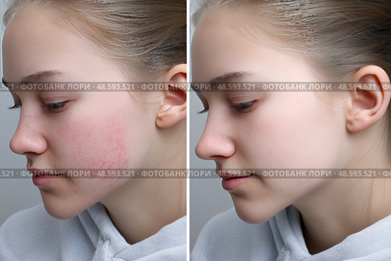 Young woman before and after skincare treatment showcasing clear skin. девочка, девушка до и после процедуры ухода за кожей демонстрирует чистую кожу. Стоковое AI-изображение, AI-художник Katsiaryna Repich / Фотобанк Лори