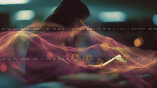 Young woman reading in a library during evening hours with creative lighting effects. Стоковое AI-видео, аниматор Сергей Толмачёв / Фотобанк Лори