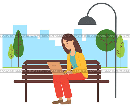 Young woman sitting on a bench in city park and correspondence surfing the Internet. Girl communicating through network on the laptop. Social media network communication digital gadget addiction. Young woman sitting on a bench in city park with laptop and correspondence surfing the Internet. Стоковая иллюстрация, агентство Ingram Publishing / Фотобанк Лори