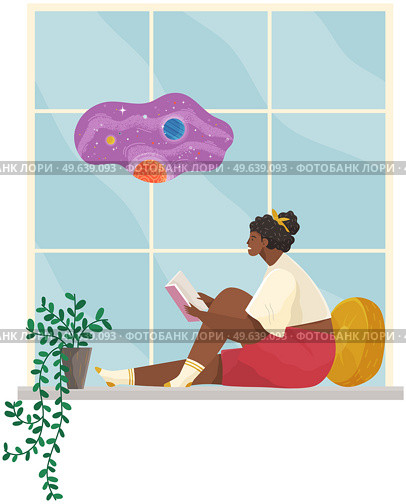 Young woman sitting on windowsill at home looking out window, relaxing reading book in evening. Female character rest in cozy interior. Spend time at home enjoy free time, dream, rest after work. Young woman sitting on windowsill at home looking out window, relaxing reading book, rest after work. Стоковая иллюстрация, агентство Ingram Publishing / Фотобанк Лори