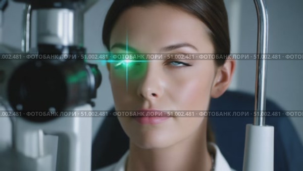 Young woman undergoing eye examination with green laser light. Стоковое AI-видео, аниматор Юрий Поздников / Фотобанк Лори