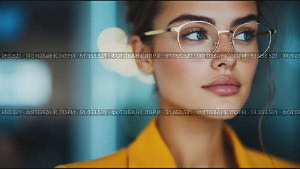 Young woman with blue eyes and glasses poses confidently in a stylish yellow outfit while captured in a modern setting. Стоковое AI-видео, аниматор Сергей Толмачёв / Фотобанк Лори