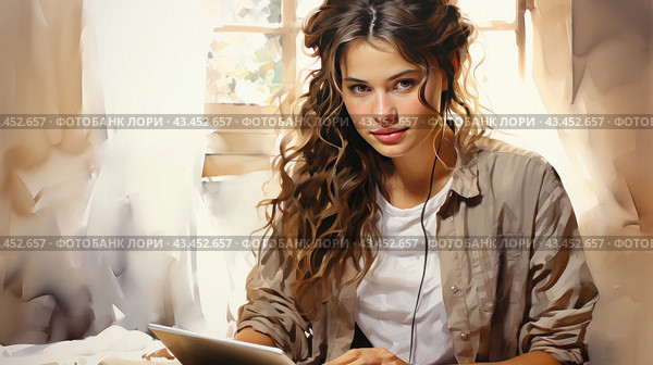 Young woman with long curly hair sitting by the window with a tablet in her hands. She is dressed in casual clothes: a white T-shirt and shirt. She has headphones in her ears, giving the impression that she is listening to music or a podcast. Her gaze is directed directly, creating a feeling of involvement and concentration. The background is made in light colors, which emphasizes the gentle and cozy lighting of the stage. This image is ideal for themes related to learning, work, technology, youth and modern lifestyle. Стоковое AI-изображение, AI-художник Анна Кривицкая / Фотобанк Лори