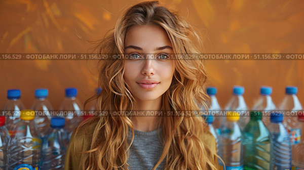 Young woman with plastic bottles for recycling on brown background. Waste sorting concept. Стоковое AI-изображение, AI-художник Ирина Михайличенко / Фотобанк Лори