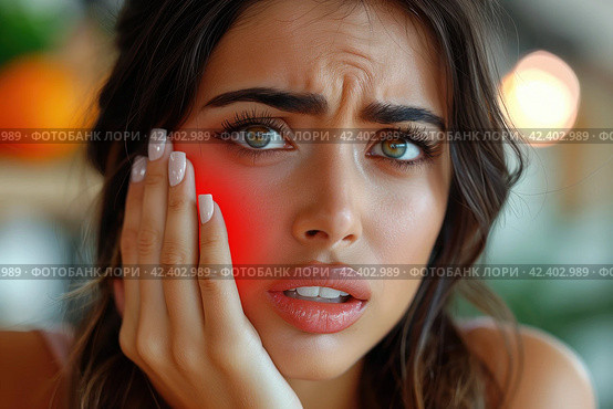 Young woman with toothache, periodontal disease in wisdom teeth, gum inflammation, dental pain, health problems concept, AI Generated. Стоковое AI-изображение, AI-художник Станислав Тарко / Фотобанк Лори