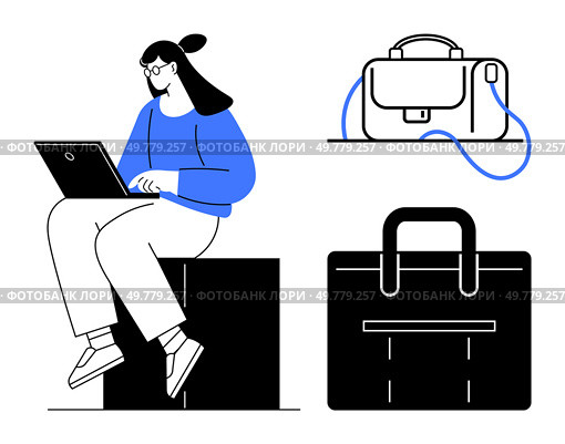 Young woman working on laptop, wearing blue sweater, sitting on black block, next to two types of briefcases, one with a strap and one without. Ideal for remote work, freelance, business travel. Young Woman Working on Laptop with Briefcases, Representing Modern Work and Mobility. Стоковая иллюстрация, агентство Ingram Publishing / Фотобанк Лори