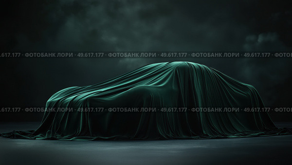 Загадочный автомобиль под зеленым покрывалом. Стоковое AI-изображение, AI-художник Александр Жуков / Фотобанк Лори