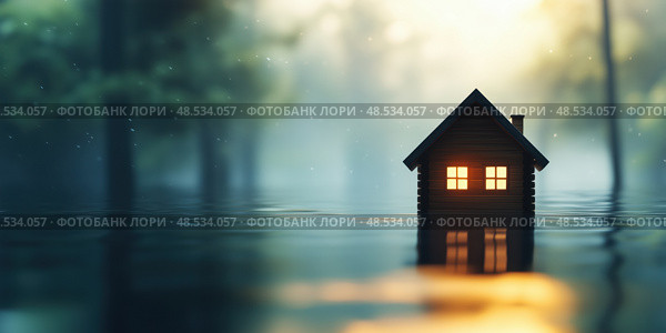 Затопленный домик в лесу. Стоковое AI-изображение, AI-художник Александр Жуков / Фотобанк Лори