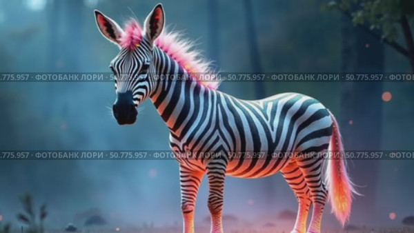 Zebra with glowing pink mane walking in a fantasy forest. Magical creature concept in a dream like landscape footage. Стоковое AI-видео, аниматор Анжелика Самсонова / Фотобанк Лори