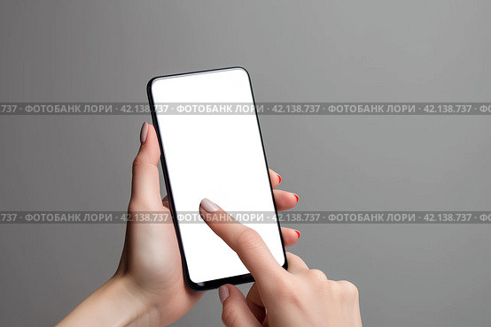 Женщина держит смартфон, крупным планом руки. Смартфон с белым пустым экраном. Generative AI. Стоковое AI-изображение, AI-художник Щеголева Ольга / Фотобанк Лори