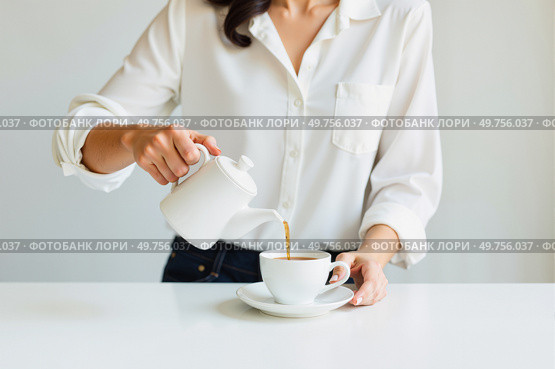 Женщина наливает чай в чашку на белом фоне / A woman pours tea into a cup on a white background. Стоковое AI-изображение, AI-художник Валерий Лукин / Фотобанк Лори