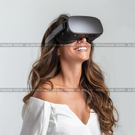 Женщина в очках виртуальной реальности. woman using virtual reality headset, showcasing a blend of technology, white background. Стоковое AI-изображение, AI-художник Katsiaryna Repich / Фотобанк Лори