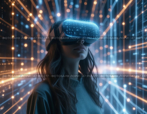 Женщина в VR-гарнитуре, в цифровом пространстве, потоки данных, светящийся фон. Стоковое AI-изображение, AI-художник Ольга Денис / Фотобанк Лори