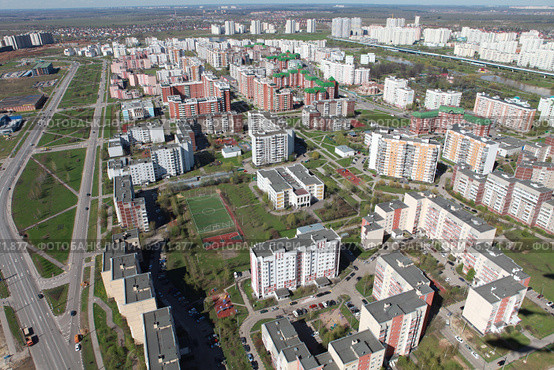 Жилые дома на Чечерском проезде, улицах Горчакова и Южнобутовской. Город Москва, район Южное Бутово. Съёмка с воздуха. (2013 год). Стоковое фото, фотограф Михеев Алексей / Фотобанк Лори