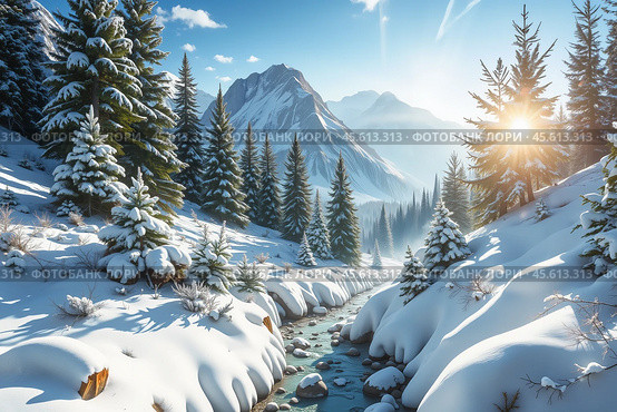 Зимний пейзаж с незамерзающим горным ручьем. Winter landscape with an unfrozen mountain stream. Стоковое AI-изображение, AI-художник Гер Олег / Фотобанк Лори