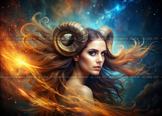 Zodiac signs. Astrological forecast. Predictions. A beautiful girl in the zodiac sign aries. The concept of astrology and horoscope. A series of images of 12 zodiac signs. Стоковое AI-изображение, AI-художник Photojuli / Фотобанк Лори