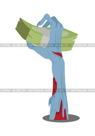 Zombie Hand Appears with Bundle of Money Isolated. Zombie hand appears with bundle of money isolated on white. Rich zombie. Horrible arm of undead creature propose money. Halloween concept. Trick or treat. Science fiction cartoon illustration. Vector. Стоковая иллюстрация, агентство Ingram Publishing / Фотобанк Лори