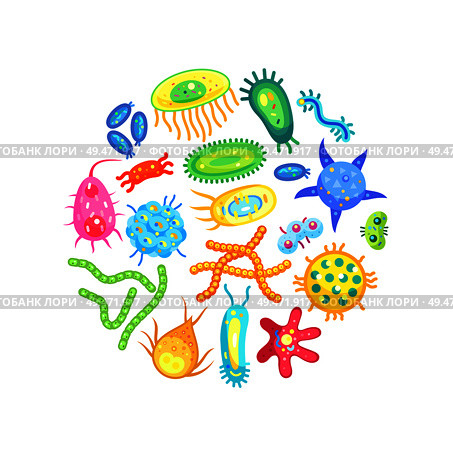Zoomed different shaped and sized germs isolated. Vector microbes and bacterias view through magnifier or microscope poster for children teaching.. Microbes Bacteria and Viruses Healthcare Poster. Стоковая иллюстрация, агентство Ingram Publishing / Фотобанк Лори